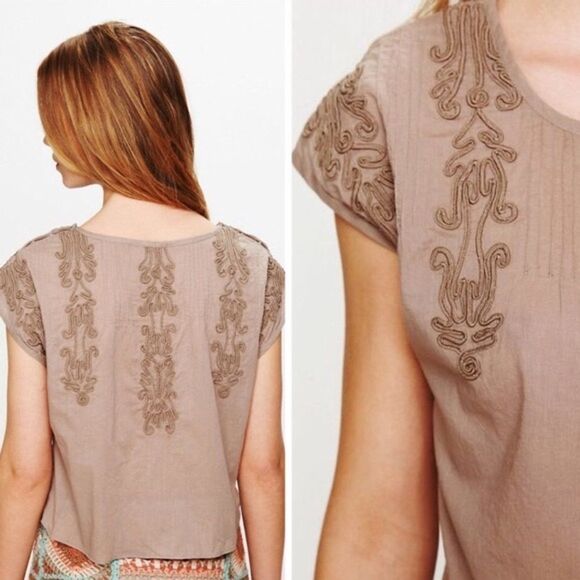 Free People Brown Embroidered Quills Cropped Top Size Small - Picture 2 of 14